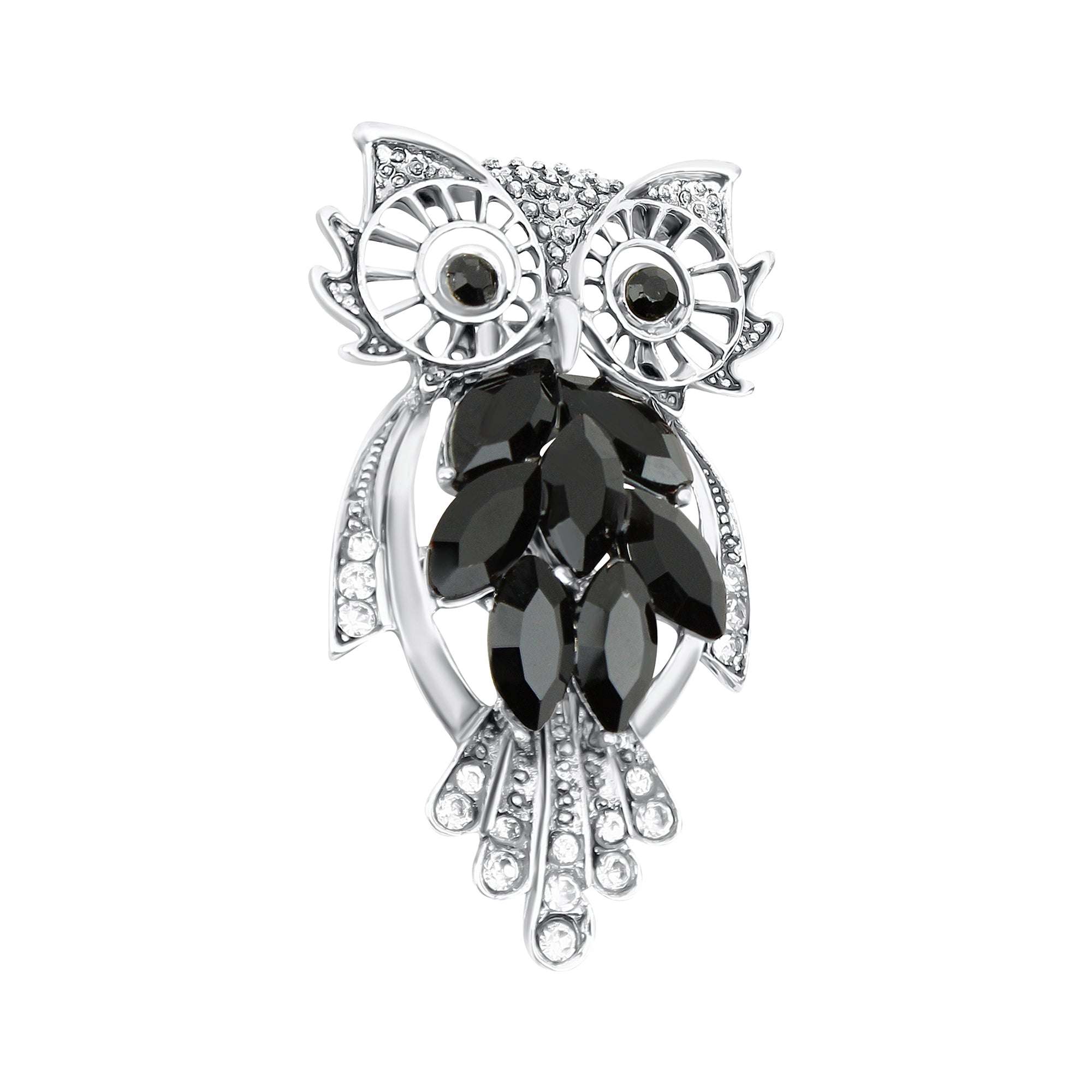 Sudraba krāsas pūces formas broša ar melniem kristāliem