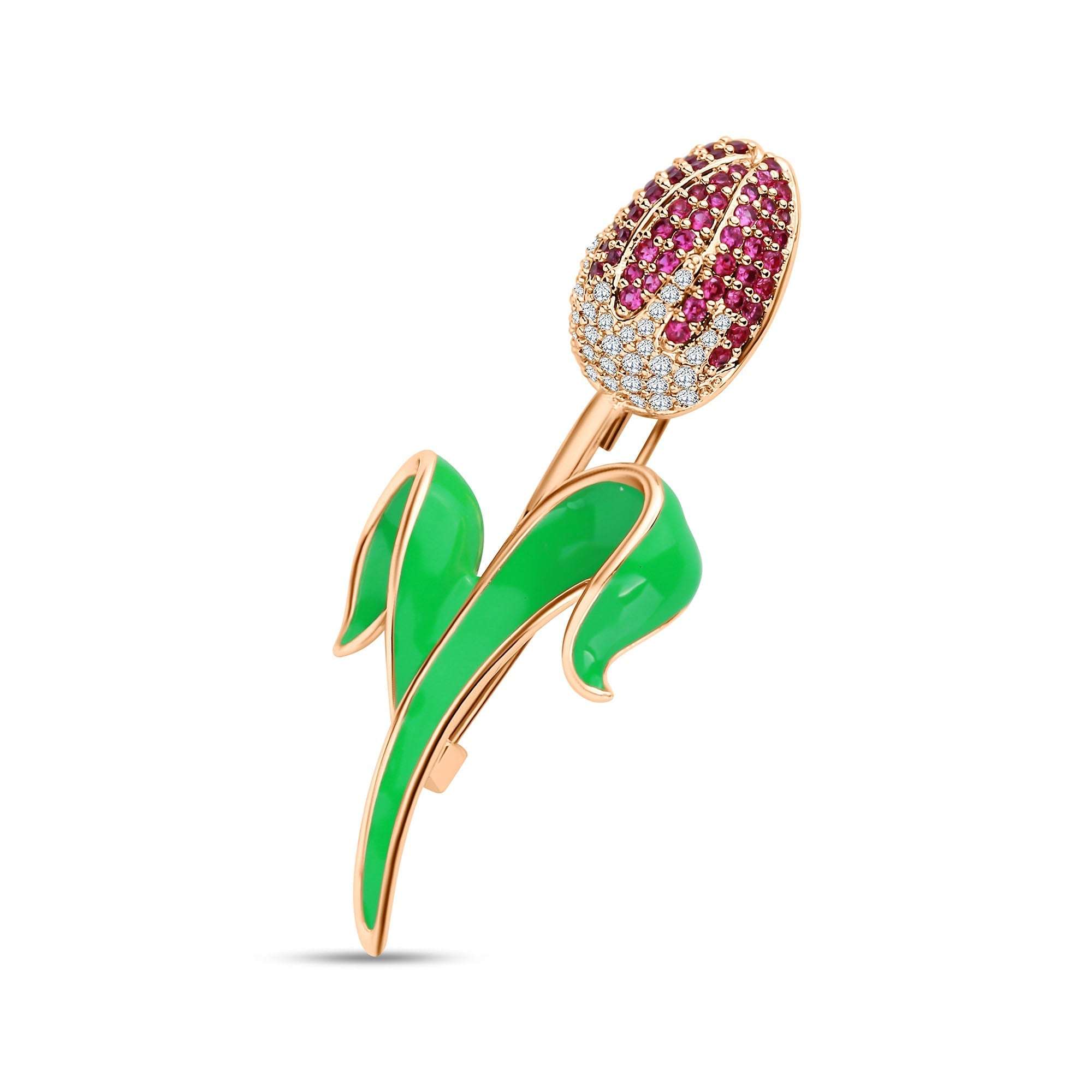 Tulpes formas piespraude ar zaļu emalju un mirdzošiem kristāliem