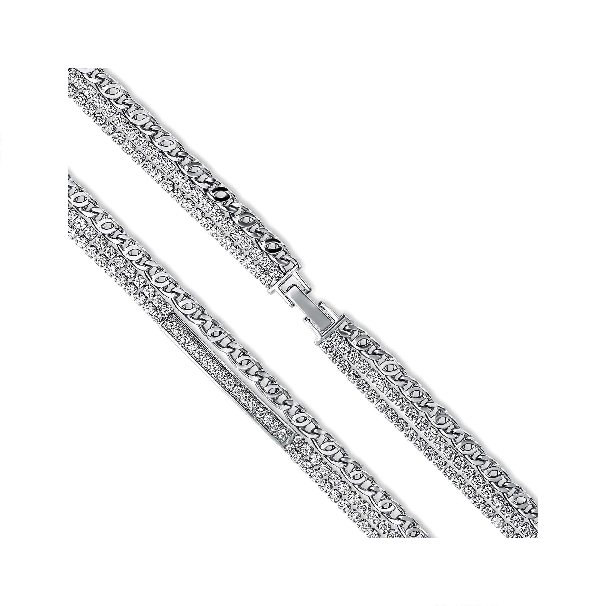 Sudraba rokassprādze ar ķēdi un divkāršu akmeņu līniju