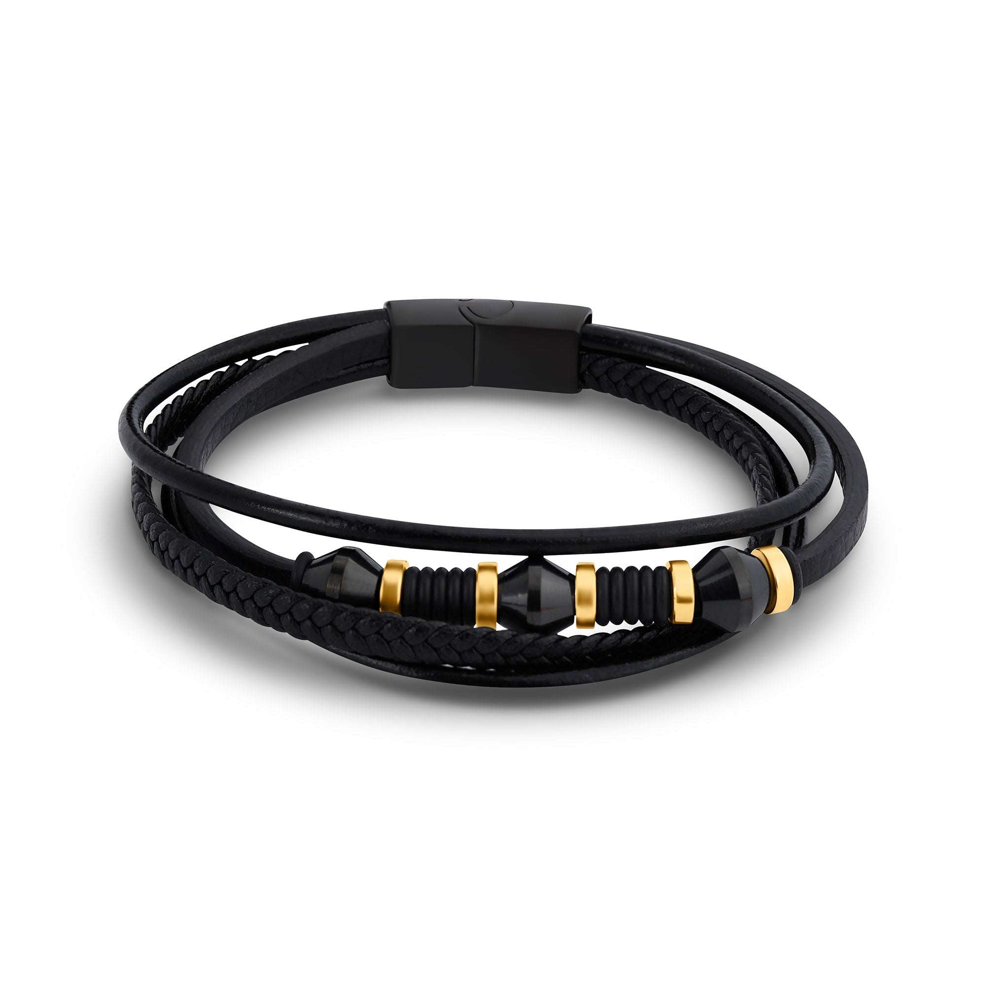 Vīriešu melna rokassprādze ar zelta akcentiem un daudzslāņainu dizainu