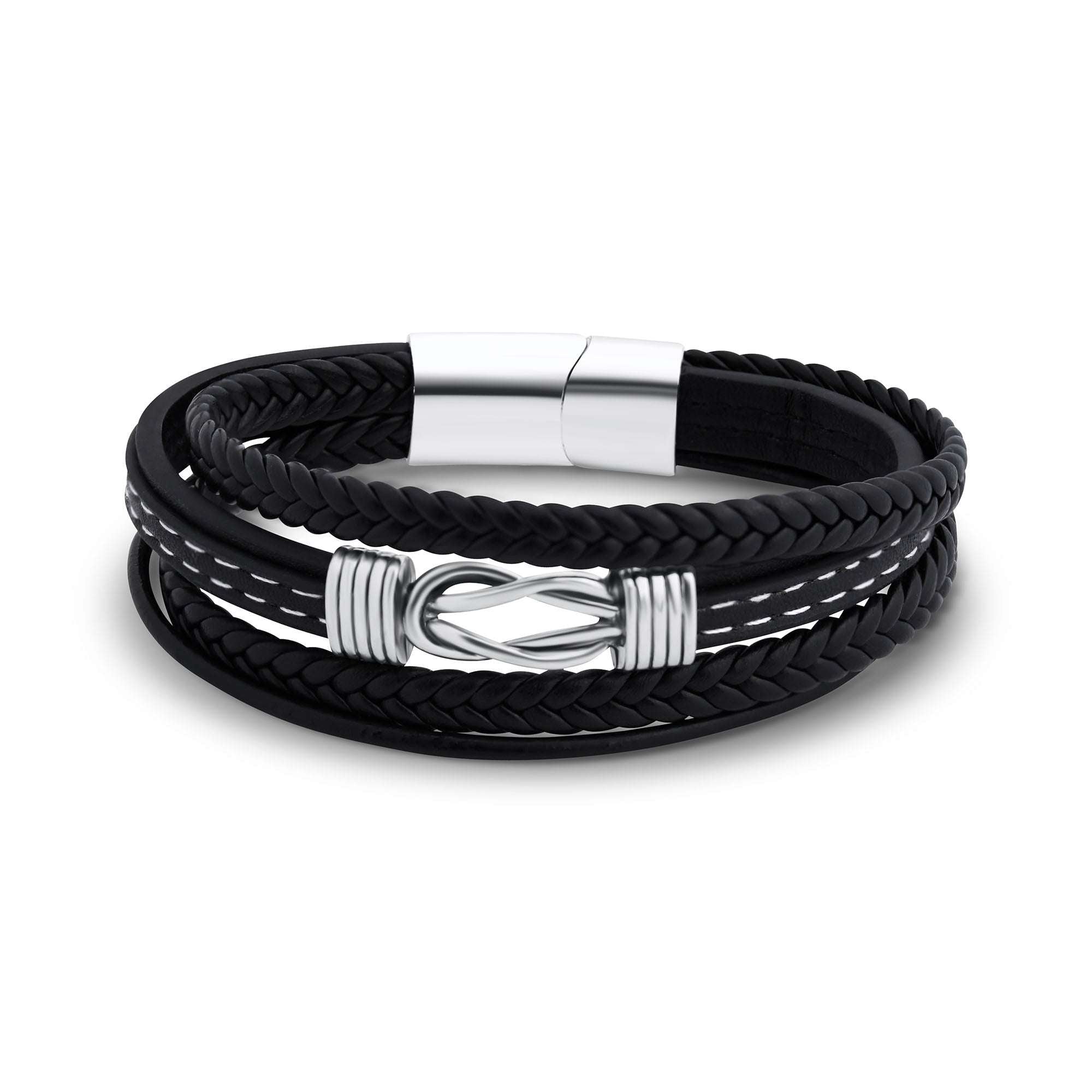 Melna daudzslāņu vīriešu rokassprādze ar sudraba metāla detaļu