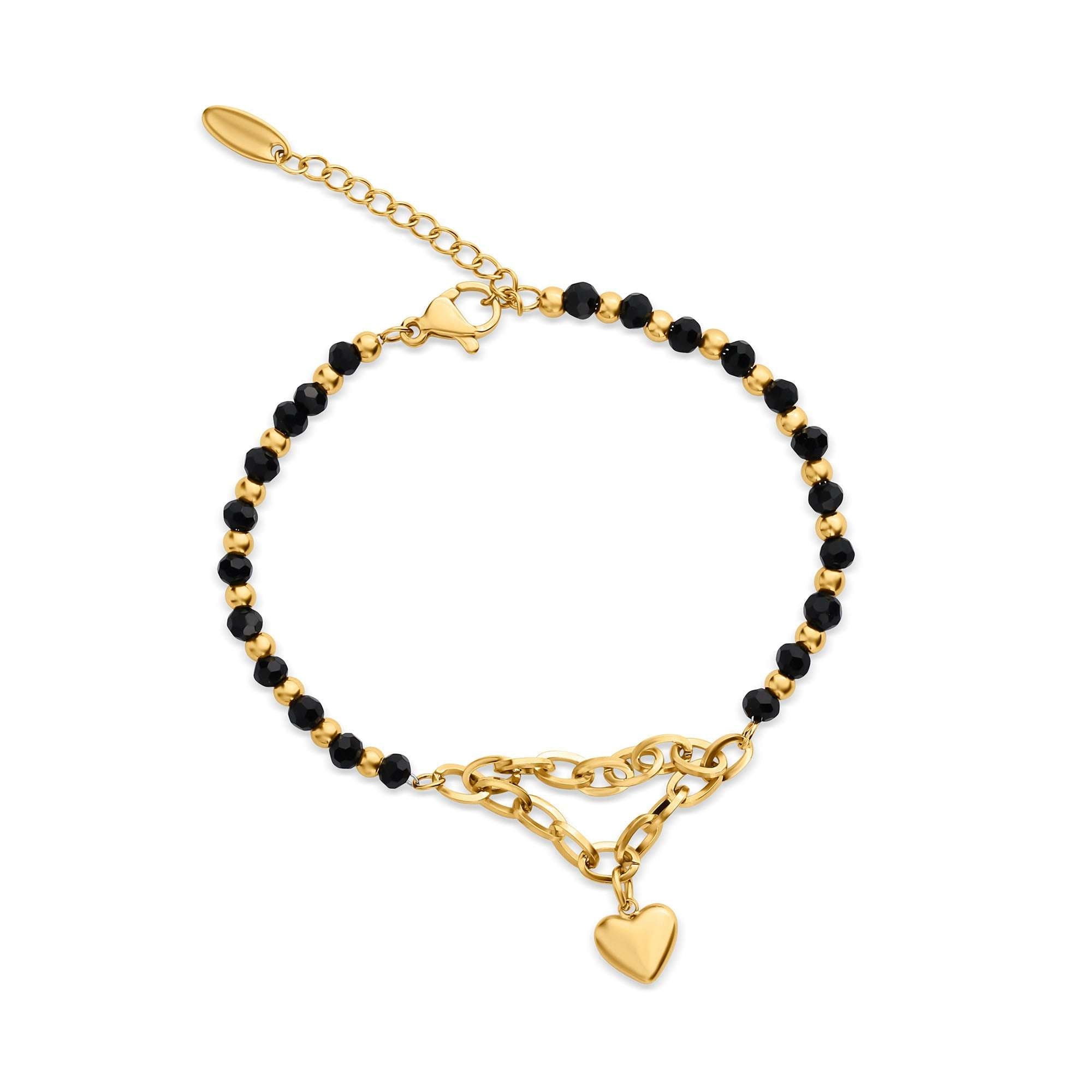 Rokassprādze no medicīniskā tērauda ar melnajām kristālpērlēm un sirds kulonu