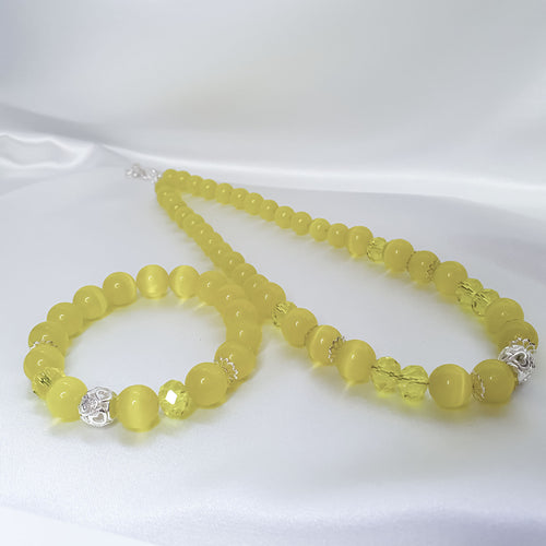 Saulaini dzeltenu pērļu rotu komplekts ar medicīniskā tērauda furnitūru