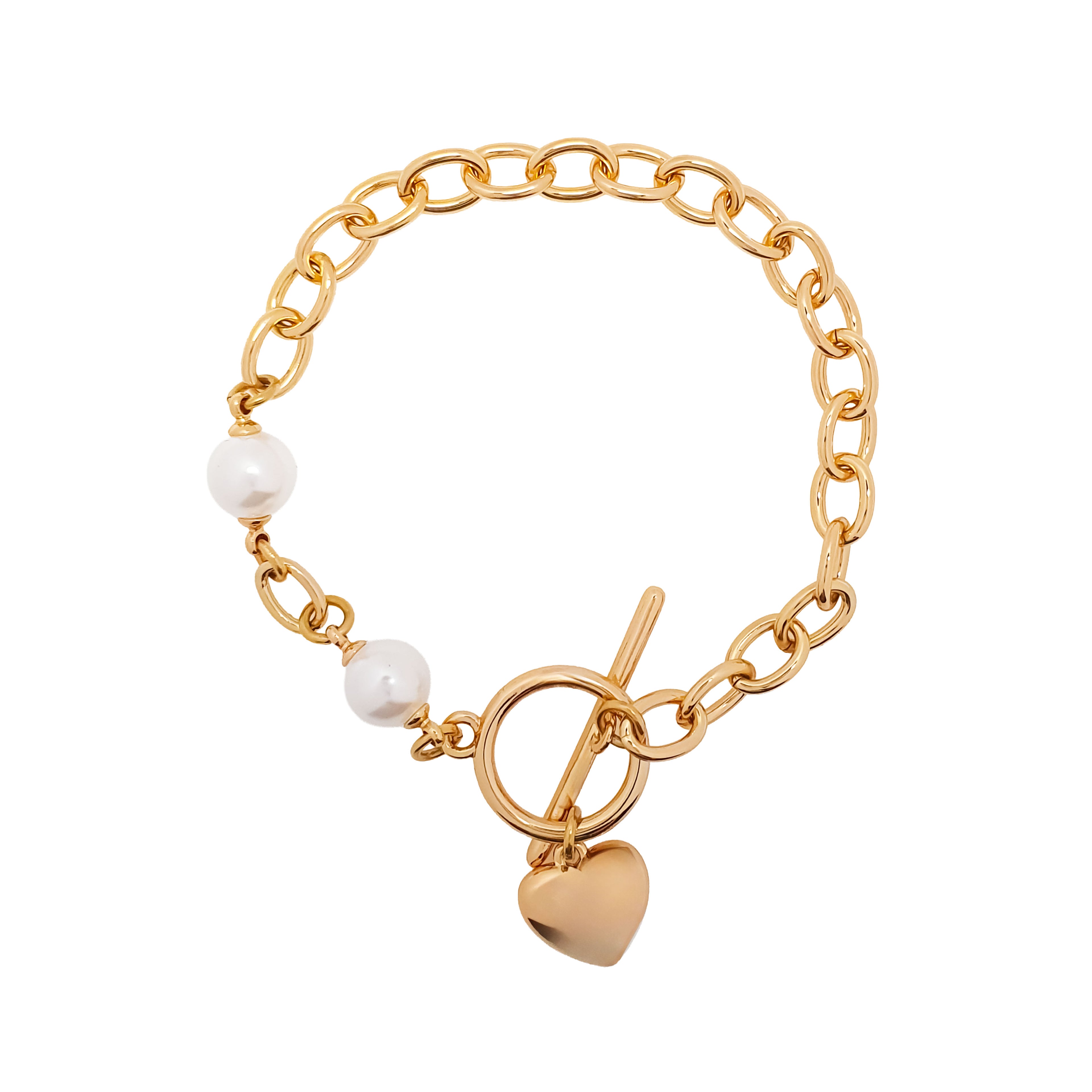 Zelta toņa rokassprādze ar baltu pērli un sirds piekariņu