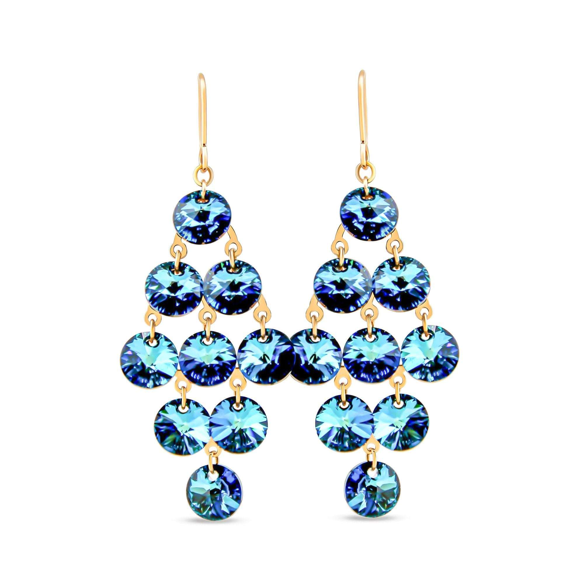 Garie kaskādes auskari ar apaļiem ziliem Swarovski kristāliem