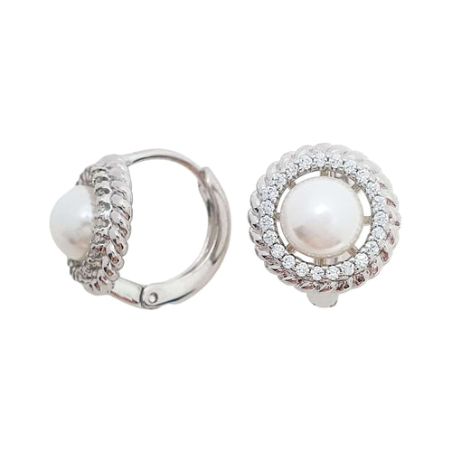 Sudraba toņa riņķa auskari ar pērli centrā