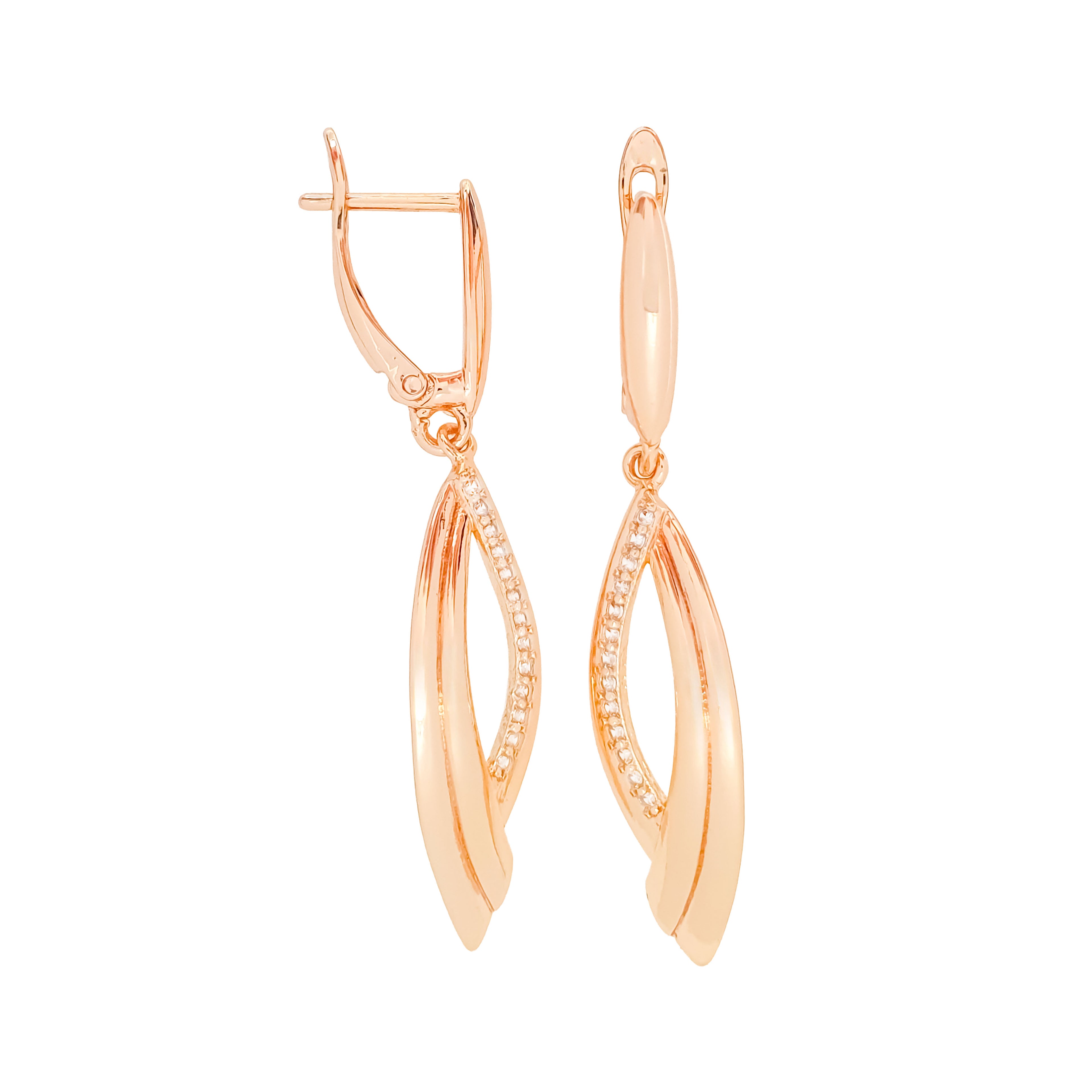 Garie apzeltīti auskari ar savītiem lokiem un baltu cirkonu līniju