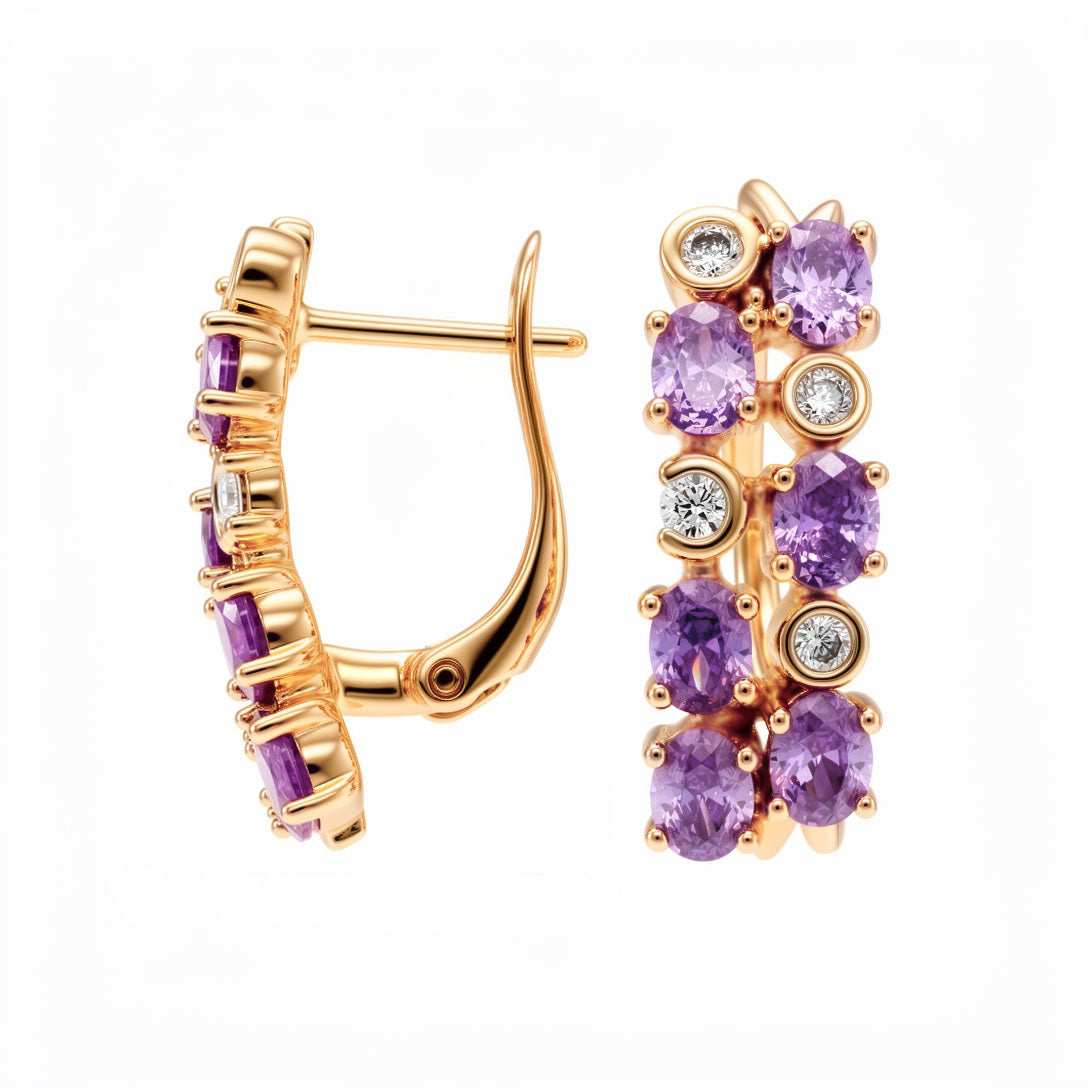 Auskari ar violetiem un baltiem cirkoniem un 18K zelta pārklājumu