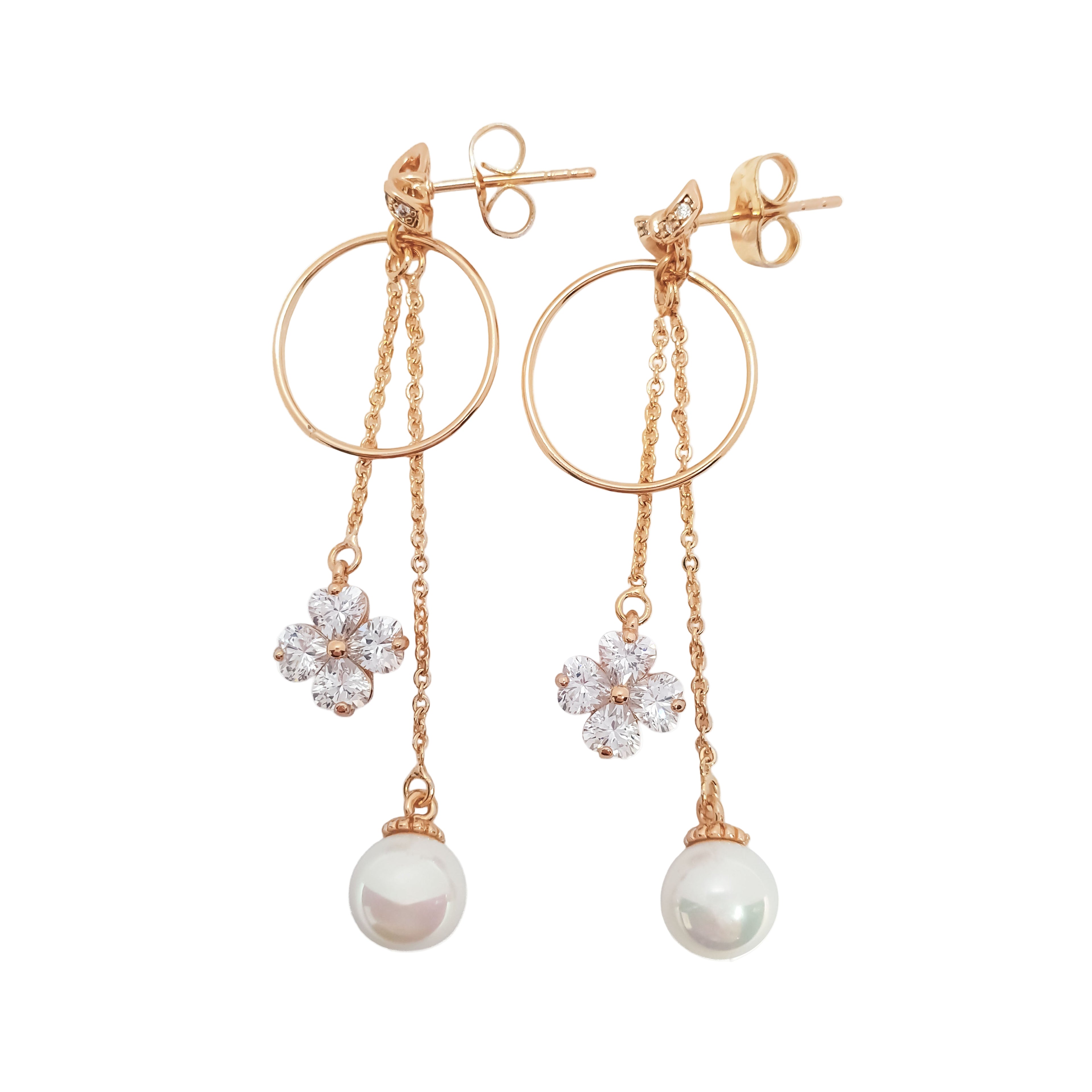 Gari auskari ar ķēdītēm, cirkona āboliņu un pērli