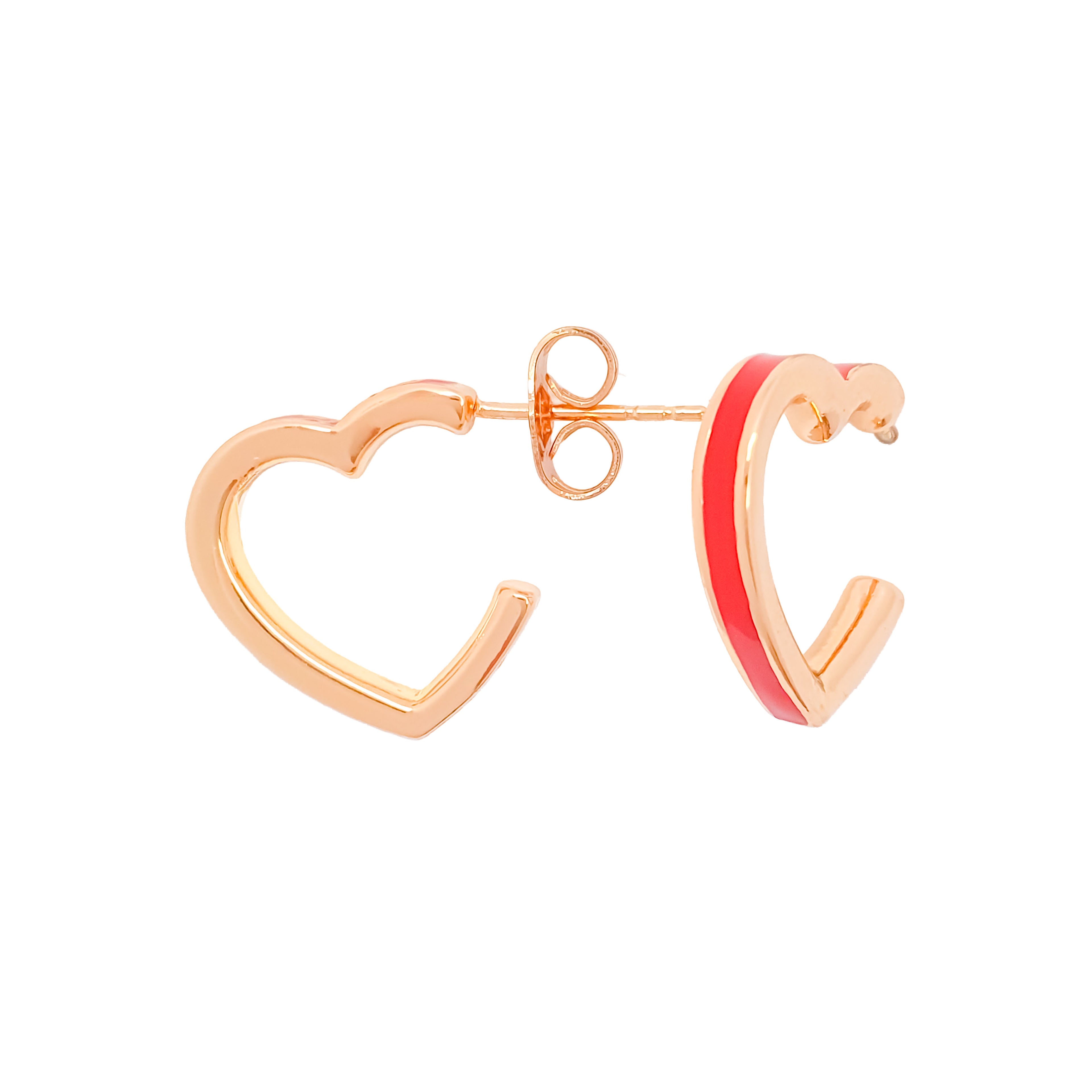 Zelta toņa nagliņu auskari sirds kontūrā ar sarkanu emalju