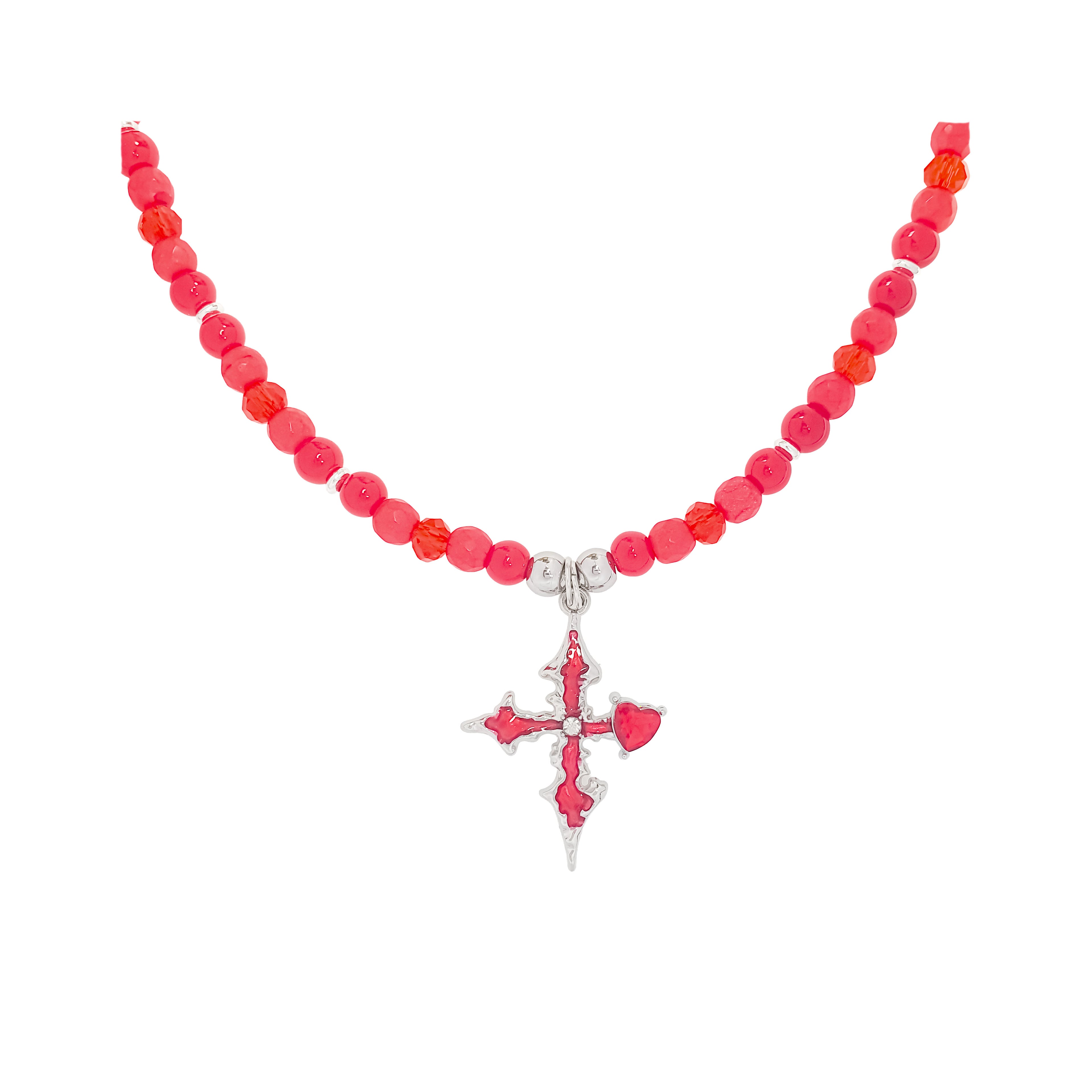 Sarkanas krelles ar krusta piekariņu priekšpusē