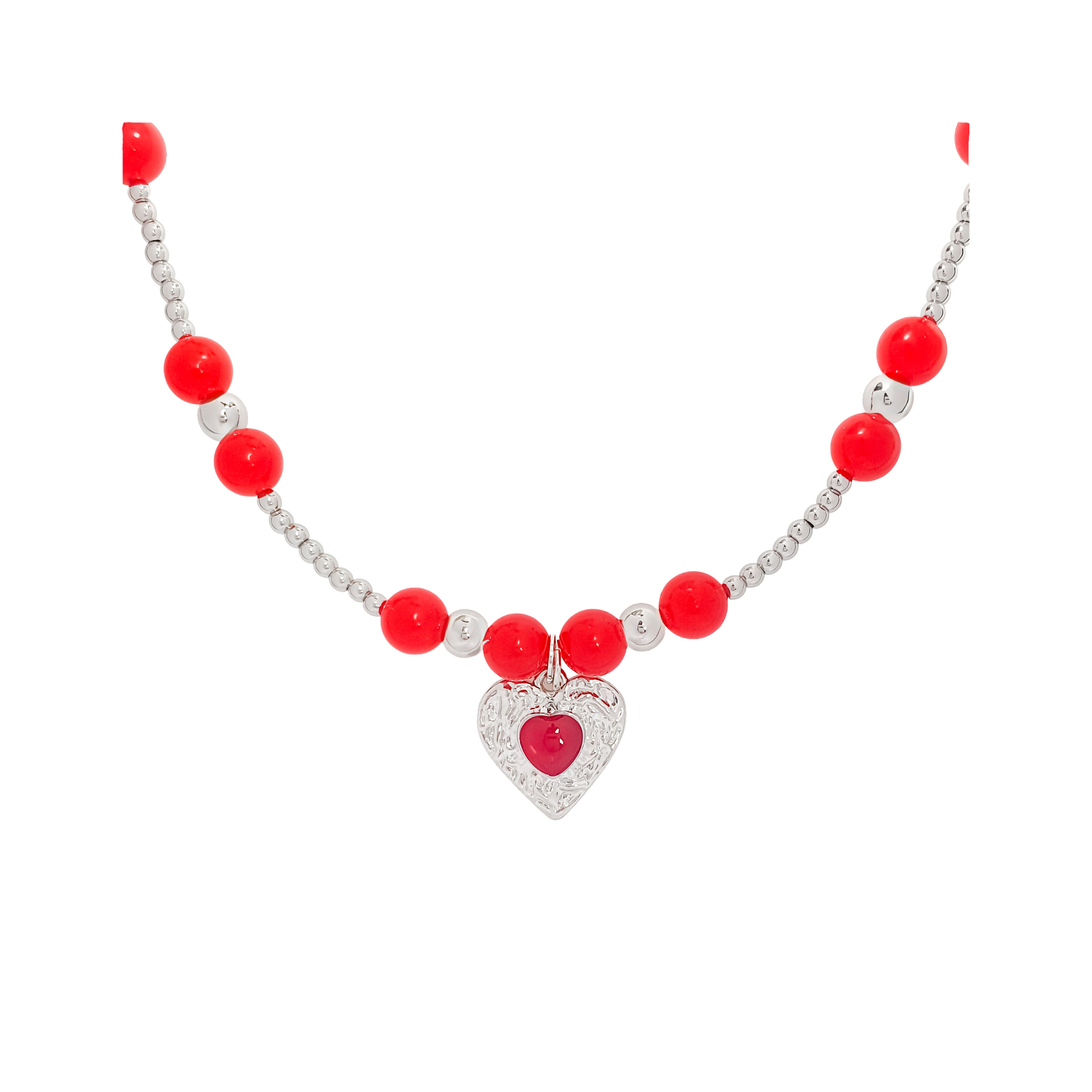 Karneola sarkana halcedona pērļu kaklarota ar sudrabotu sirds kulonu