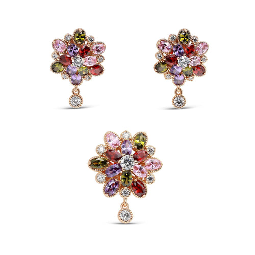 Rotu komplekts ar daudzkrāsainiem cirkoniem un zieda motīvu