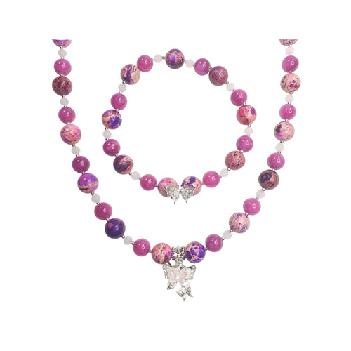 Rotu komplekts ar rozā lodītēm un tauriņa piekariņu