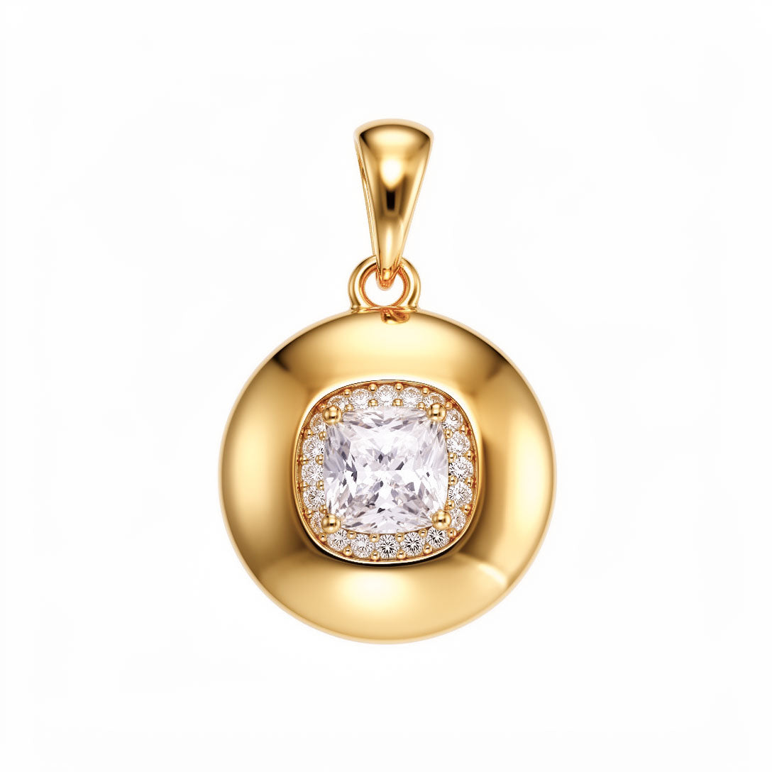 Zelta krāsas apaļš kulons ar centrālu kvadrātveida spilventiņa slīpējuma cirkonu