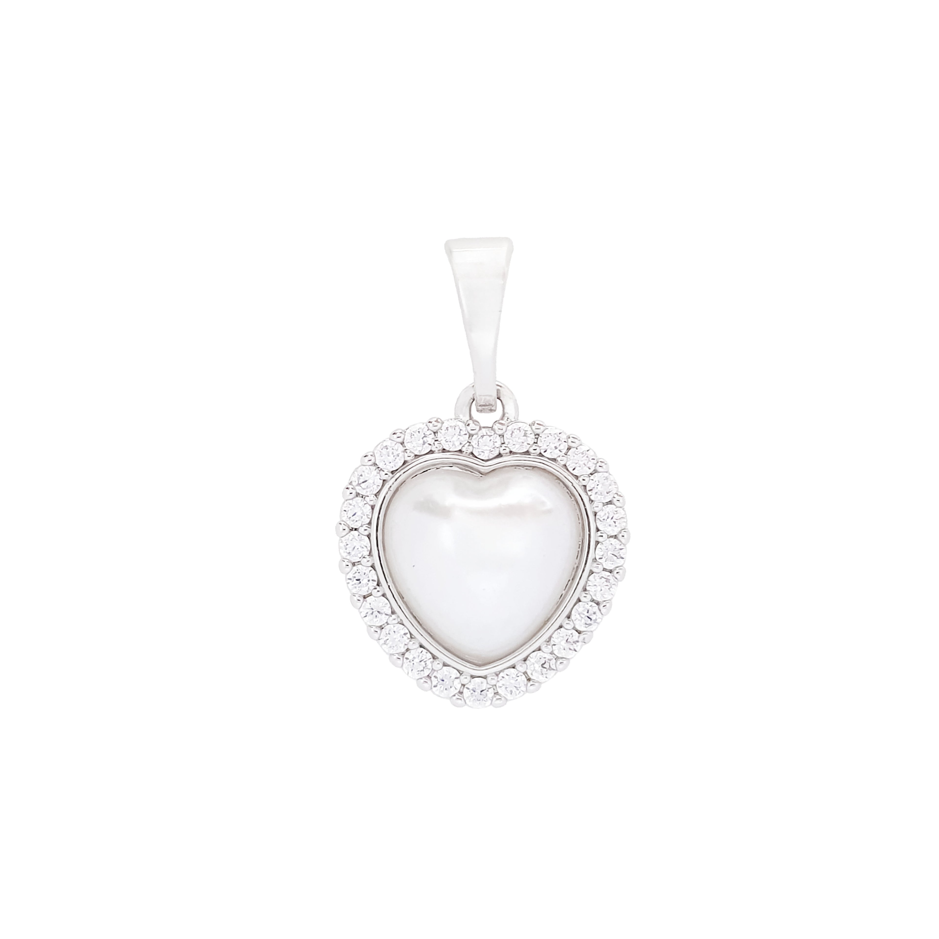 Sieviešu kulons ar cirkoniem nosētu ietvaru un baltu perlamutra centru