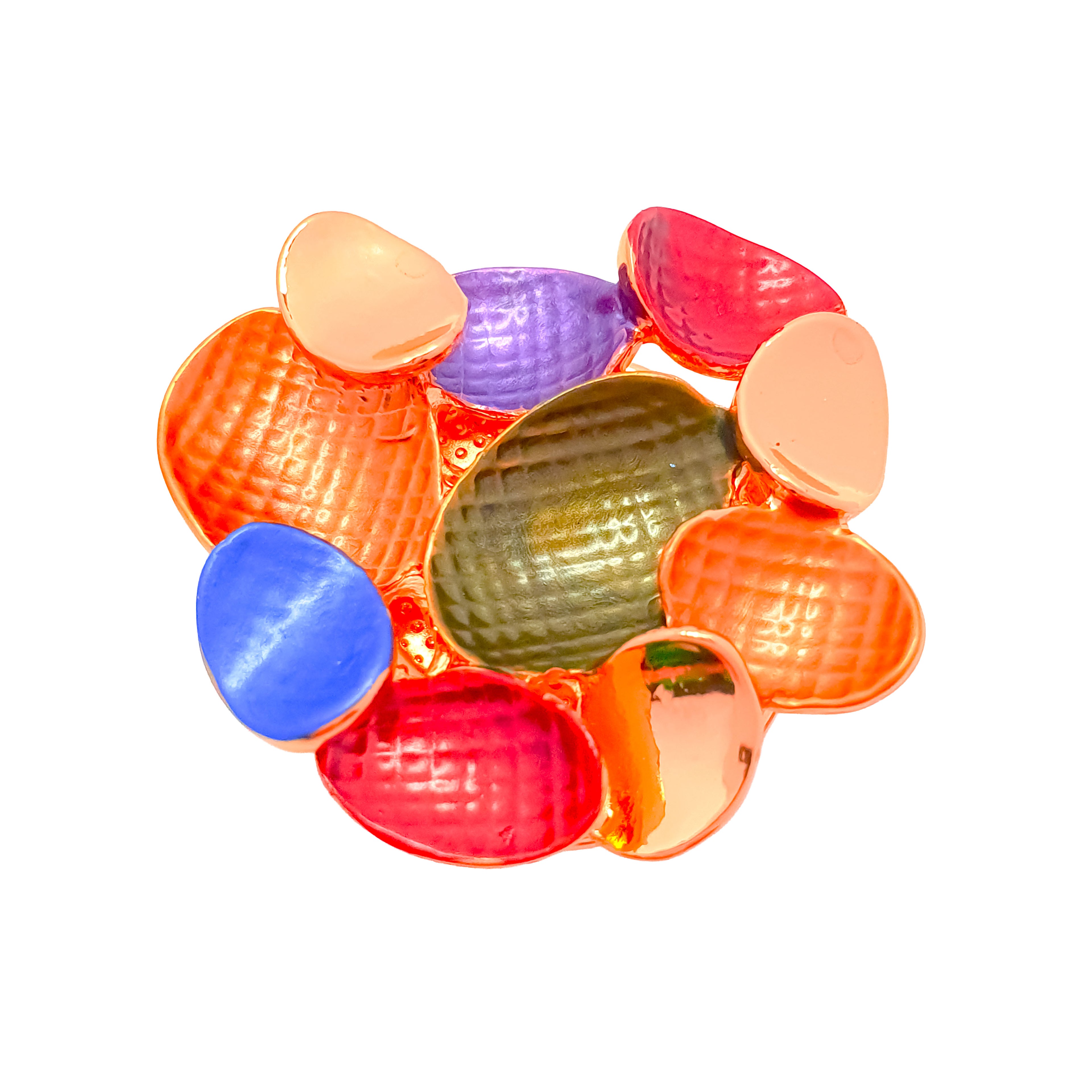 Daudzkrāsu emaljas piespraude ar ovālām detaļām zelta tonī