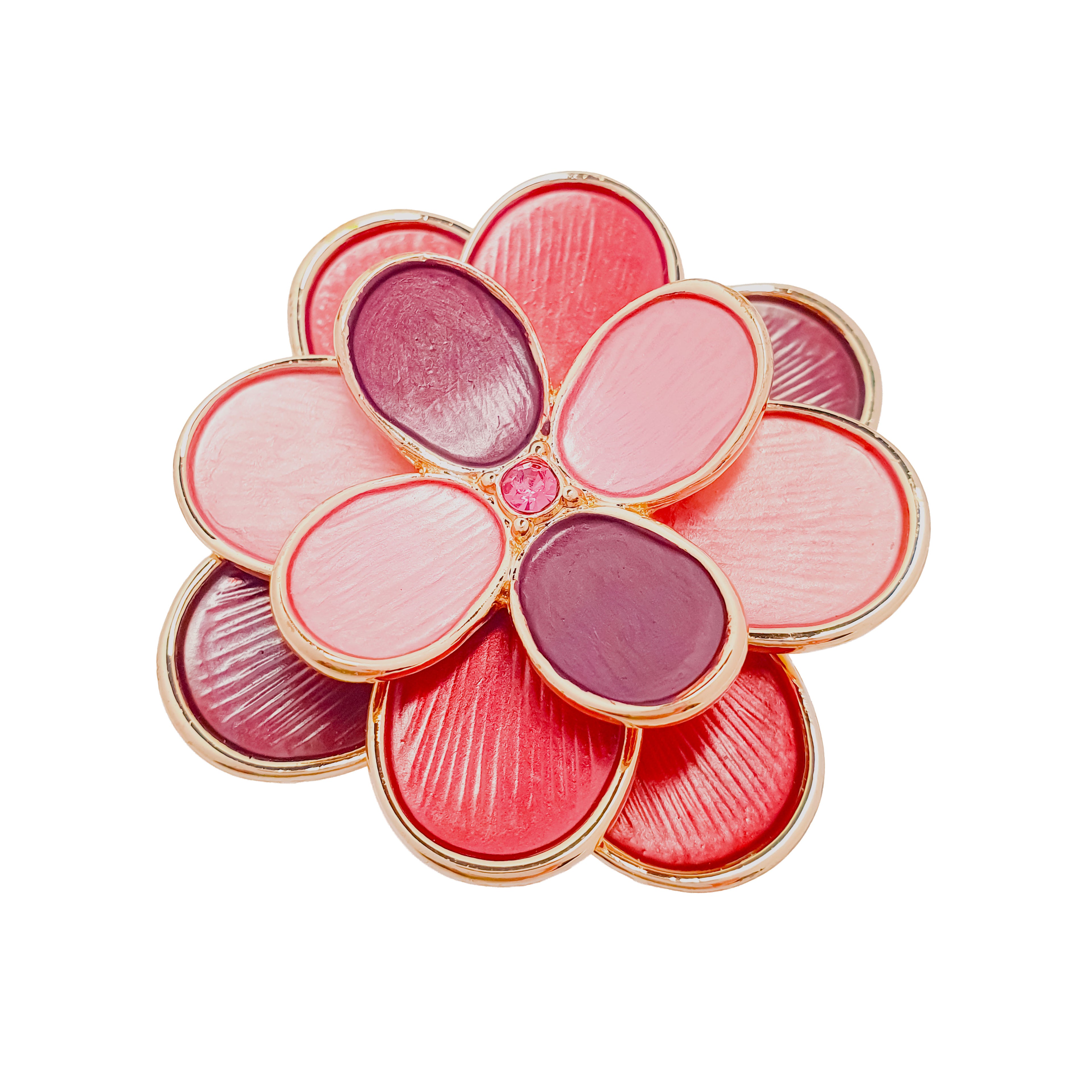 Zieda formas piespraude ar rozā un violetiem emaljas elementiem