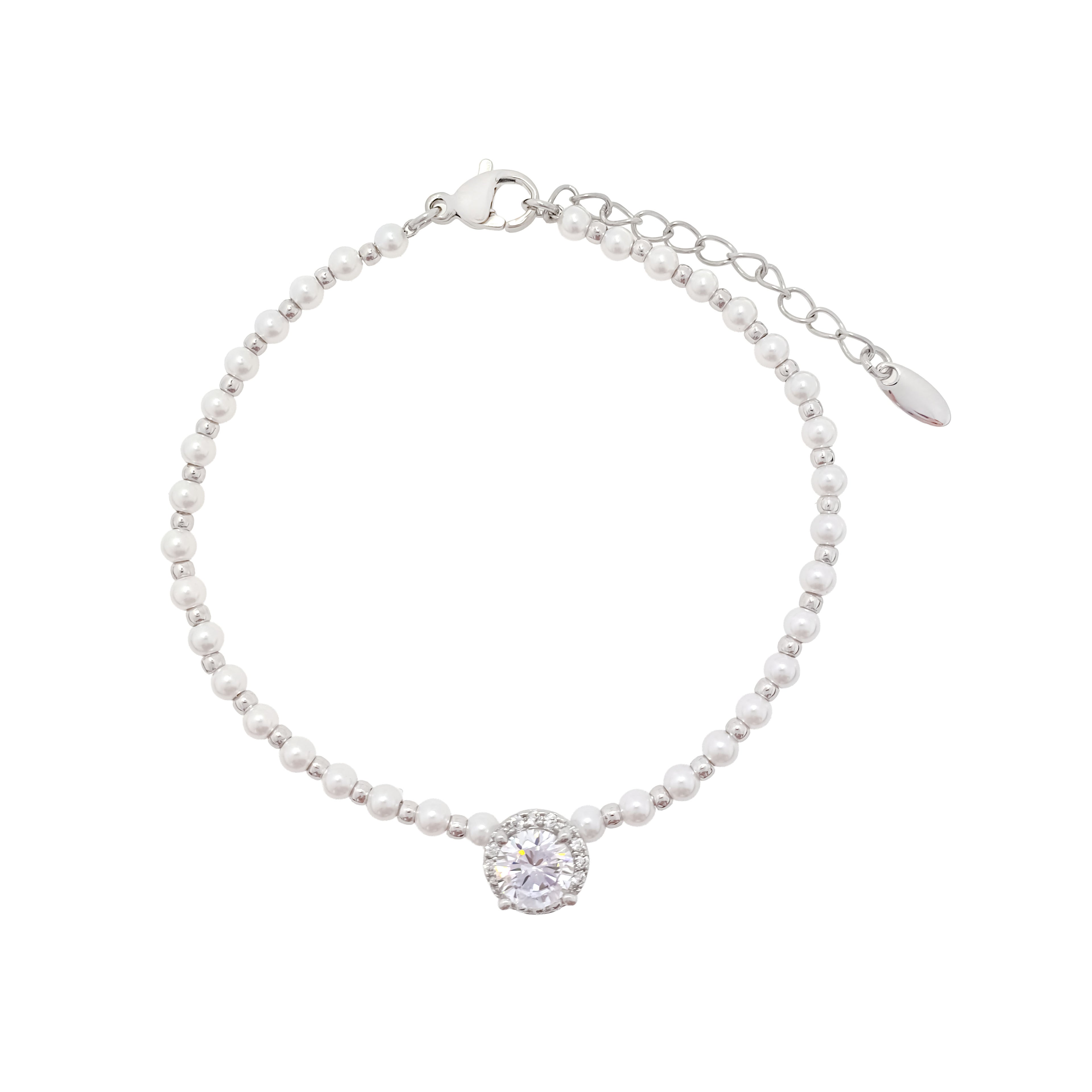 Balta pērļu rokassprādze ar centrālu cirkona akmeni un regulējamu sudrabotu ķēdīti